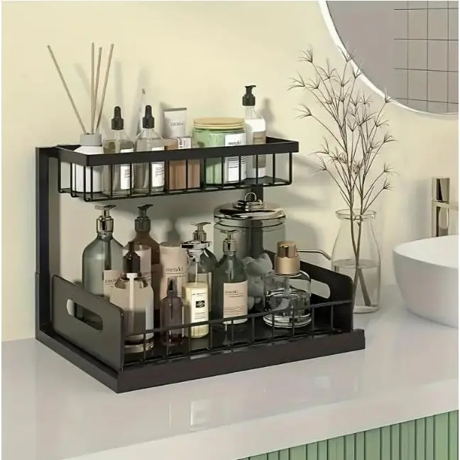 Find Your Jun Double-Tier Under-Sink Storage Rack & Slide Out Pull Out Cabinet Organizer for Kitchen Bathroom Pantry Closet Modern Home Decor Space-Saving Metal Design - Decorative Interior