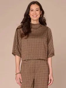 Pleated Elbow Sleeve Mock Neck Crop Hem Knit Top