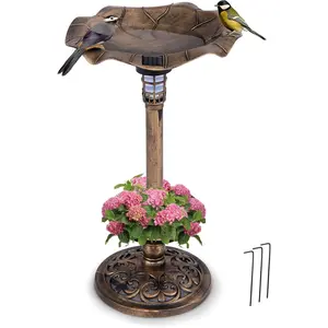 Giantex Bird Bath for Outside, 30 inch Solar Lighted Bird Bath and Feeder with Flower Planter, Lotus Leaf Water Bowl, 3 Stakes, Vintage Birdbath Outdoor Decoration for Garden Yard Lawn Patio (Bronze)