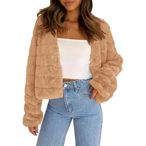 Lannew Womens Cropped Faux Fur Jackets Long Sleeve Open Front Fluffy Short Coats