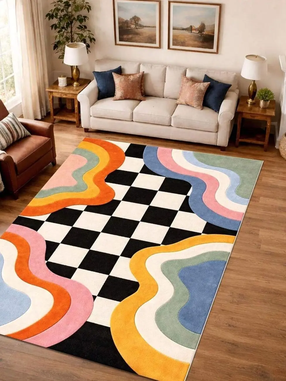Carpet Colorful Abstract Checkered Rug, R Rainbow Wavy Carpet, Funky Checkerboard Area Rug Digital Printed