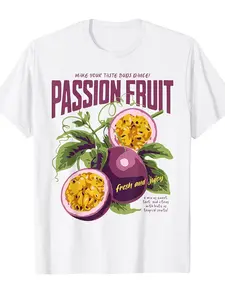Retro Tropical Passion Fruit Pattern T-Shirt | Loose Fit, Round Neck, Short Sleeve, Machine Washable, Suitable for All Seasons, Outdoor Activities, Retro Style, Slightly Elastic Fabric