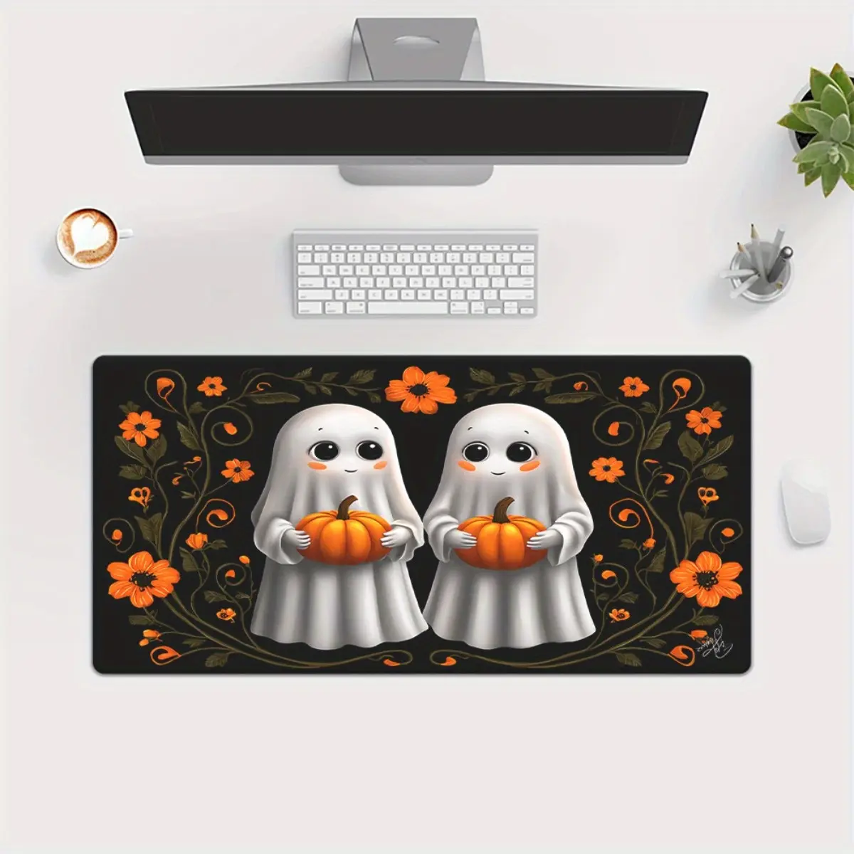 1pc Large XXL Gaming & Office Desk Mat - Non-Slip Rubber Base, Cute Ghosts with Pumpkins, Spooky Halloween Decor, Extended Mouse Pad for PC, Laptop, Computer - Perfect for Home, Office, or Gaming Setup, Polyester Fiber Surface, Rectangular Shape