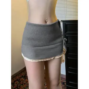Unique Y2K Style Gray Ribbed Knit Mini Skirt with Lace Trim and Button Closure - Polyester Fiber, Machine Washable, Non-Transparent - Suitable for All Seasons, Fashionable Bottom Wear | Lace Trim Skirt | Comfortable fit