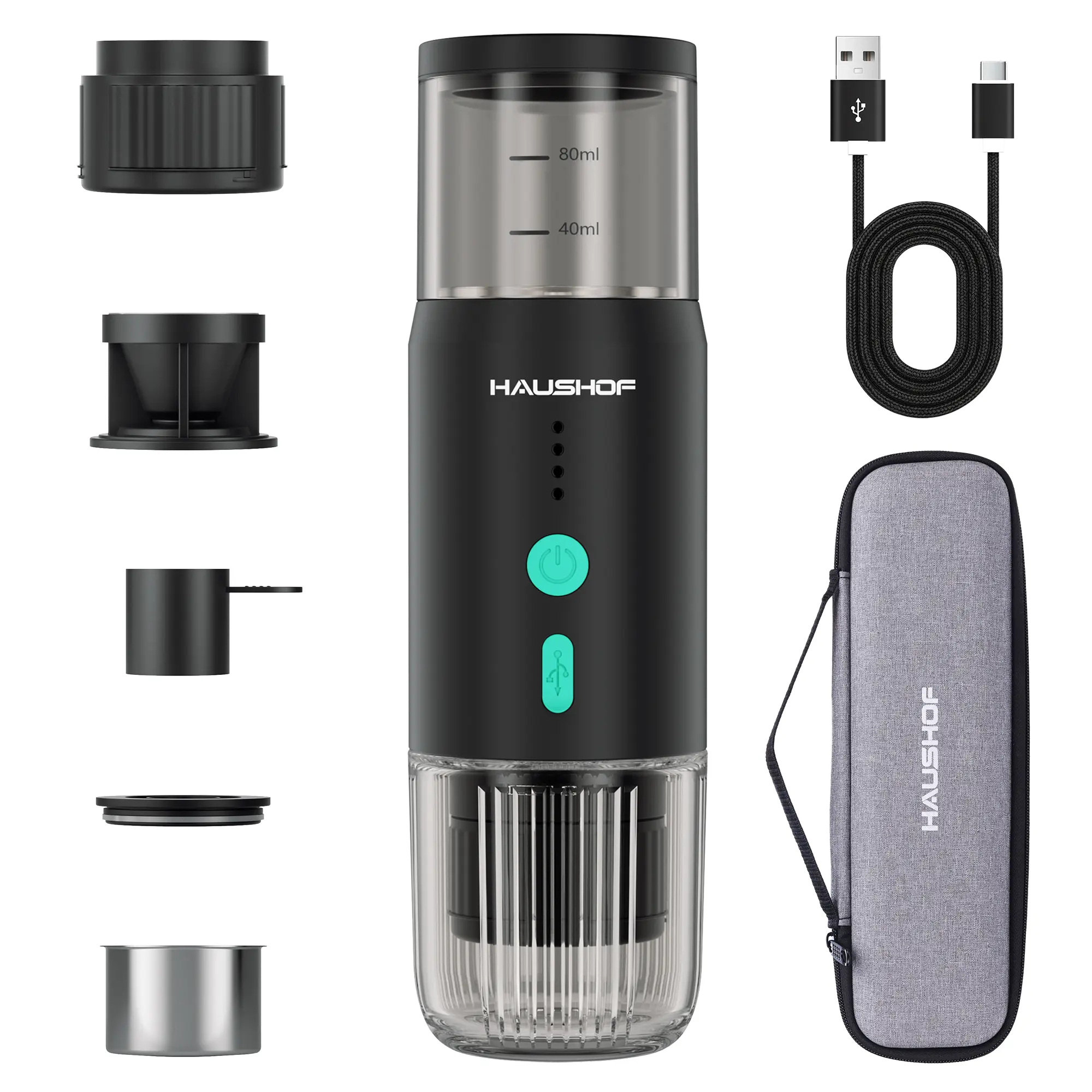 HAUSHOF Portable Electric Espresso Machine, 20 Bar Fast Heat-Up Travel Coffee Maker, USB-C Rechargeable Compatible with Ground Coffee & NS Capsules, for Car, Camping, RV, Hiking & Office
