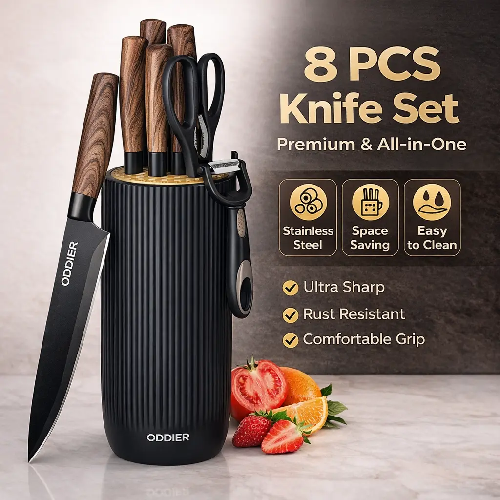 ODDIER 8-Piece High-Carbon Stainless Steel Knives Block Set, Compact Space-Saving Kitchen Supplies for Small Apartments