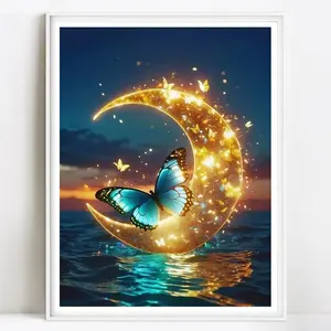 Butterfly & Moon Pattern DIY Diamond Arts Colorful Painting Kit without Frame, 5D Diamond Decor Painting by Numbers Kit, DIY Wall Art Decor