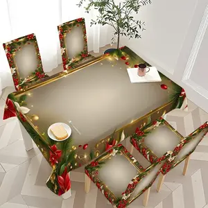 5/7-piece 2D Flat Printing Merry Christmas Red White Gold Pine Branch Frame Printing Pattern Tablecloth and Chair Cover Set, for dining table and chair decoration, perfect for home, holiday gatherings, restaurants, and parties.