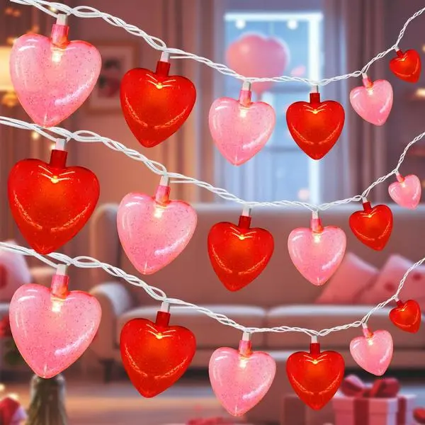 12Ft Red Pink Heart String Lights, Valentine's Day Decorations Lights Outdoor Waterproof with 20 LED Clear Heart Light with Glitter for Home Door Fireplace Windows Fence Valentines Day Party Decor