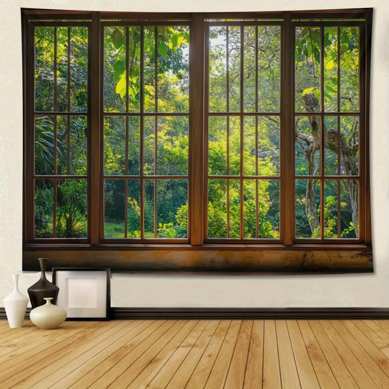 Window Forest Tree Spring Natural Scenery Tapestry, Durable & Vibrant Wall Hanging Bohemian Wall Tapestry, Aesthetic Wall Decor Boho Home Decoration for Bedroom, Living Room, Dorm
