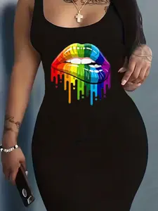 Plus Size Colorful Lip Print Sleeveless Dress, Trendy Printed Design, Sexy Street Style, Slim-Fitting, Casual Chic Fitted, Random Print, Women's Fashion, Casual Sleeveless Bodycon, Casual Dresses
