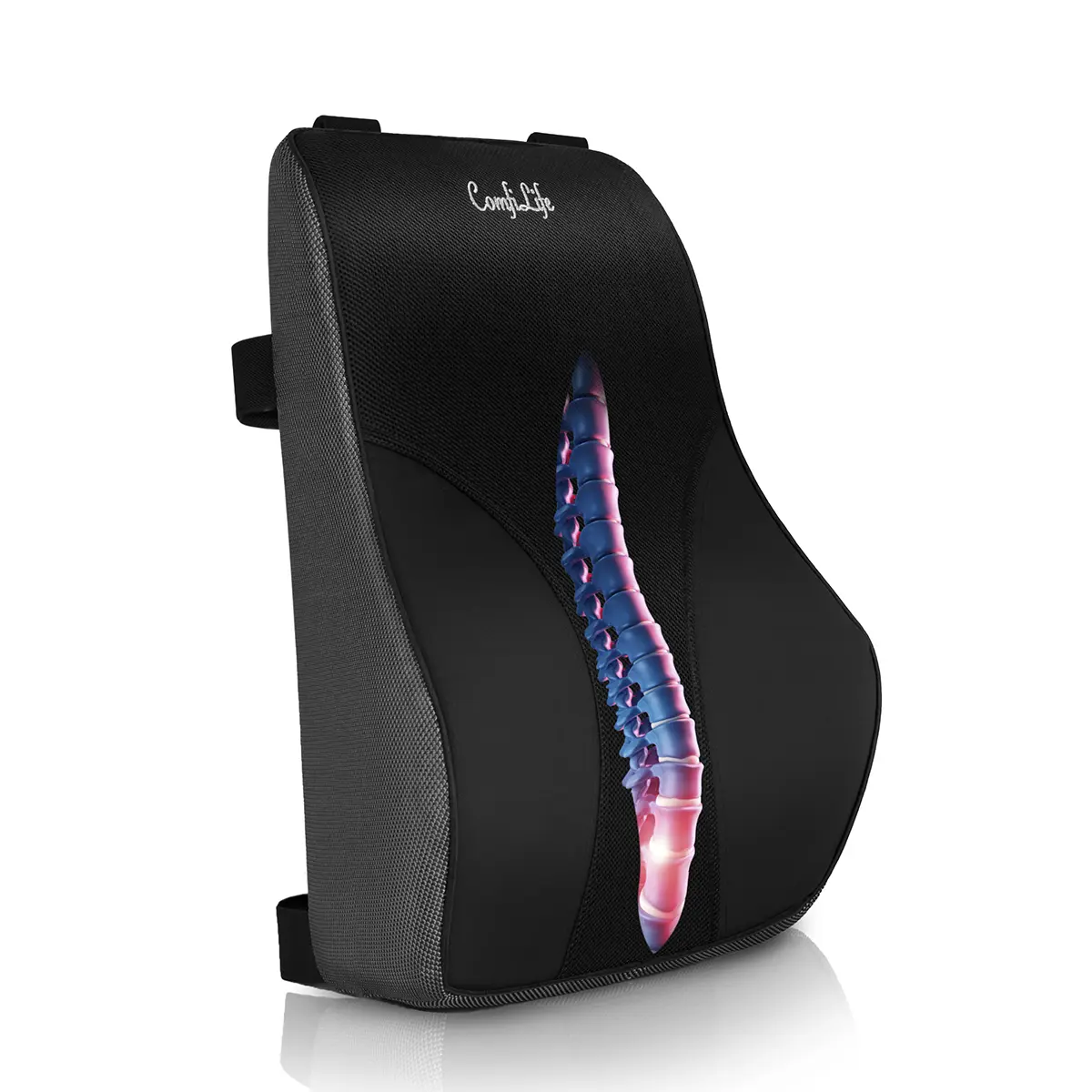 ComfiLife Lumbar Pillow - Adjustable Mesh Ergonomic Memory Foam Back Cushion with 3-Strap System, Premium Leatherette Cover, WFH Setup & Car Use, Fully Assembled Low Back Pain Relief