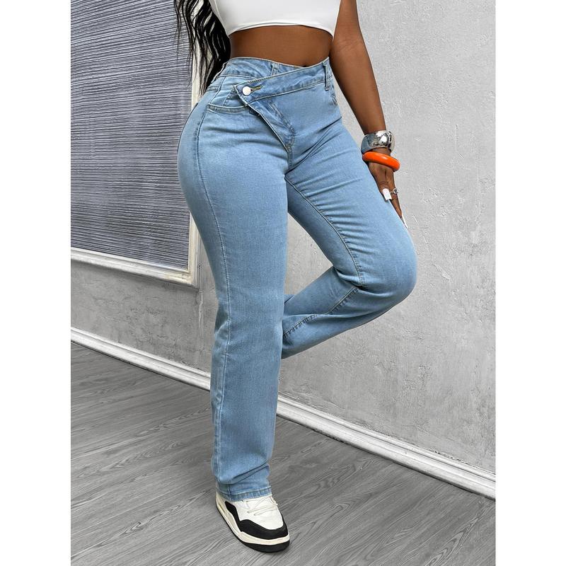 Light Wash High Waisted Asymmetrical Button Wide Leg Jeans for Women - Retro Denim Pants with Y2K Style Light Wash High Waisted Asymmetrical Button Wide Leg Jeans for Women - Retro Denim Pants with Y2K Style
