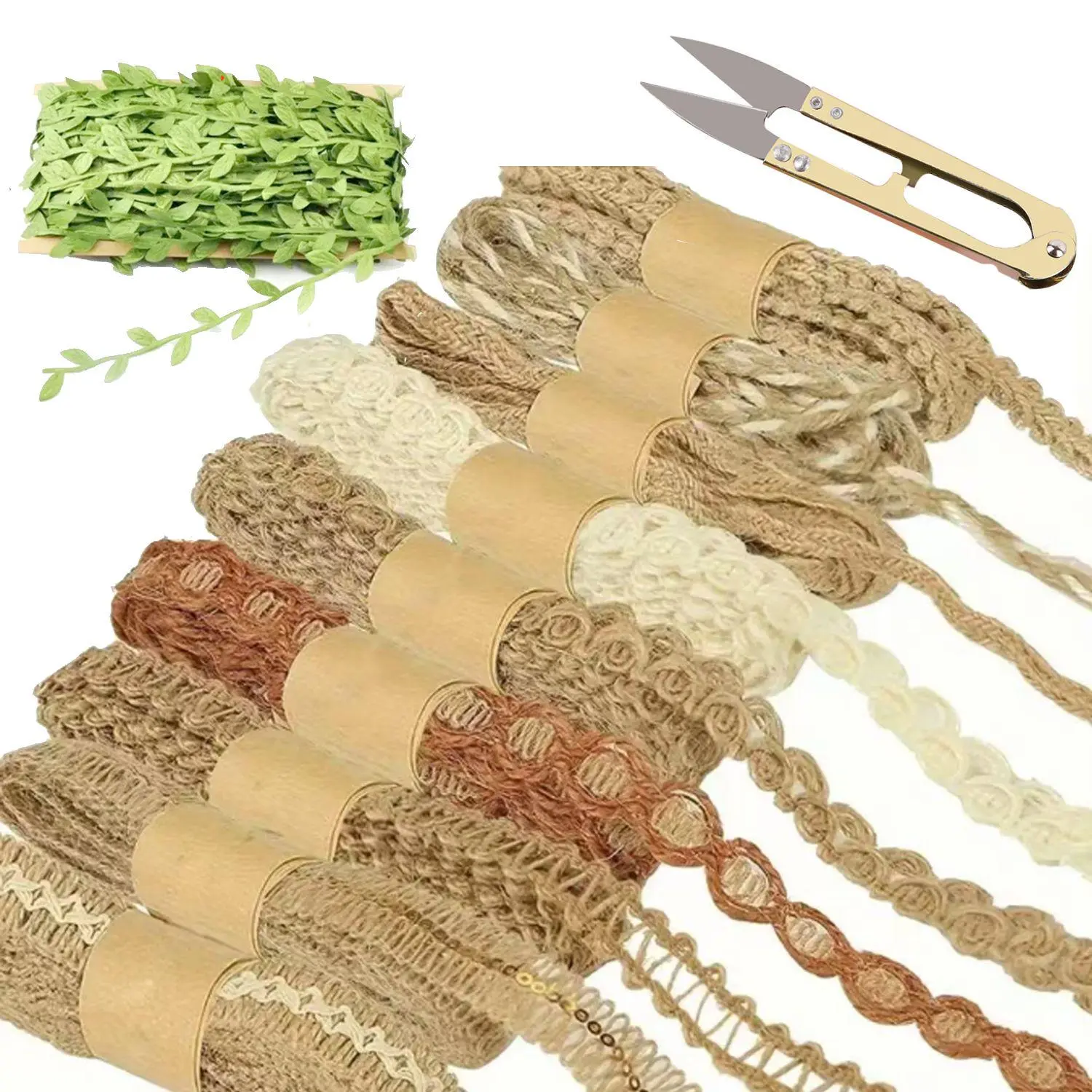 11Pcs Vintage Craft Ribbon Set - Braided Binding Rope, Burlap Trim, Artificial Green Leaf Vines & U-Type Spring Scissors for Bags & Package, Handmade Bouquet, Party Decor DIY Supplies