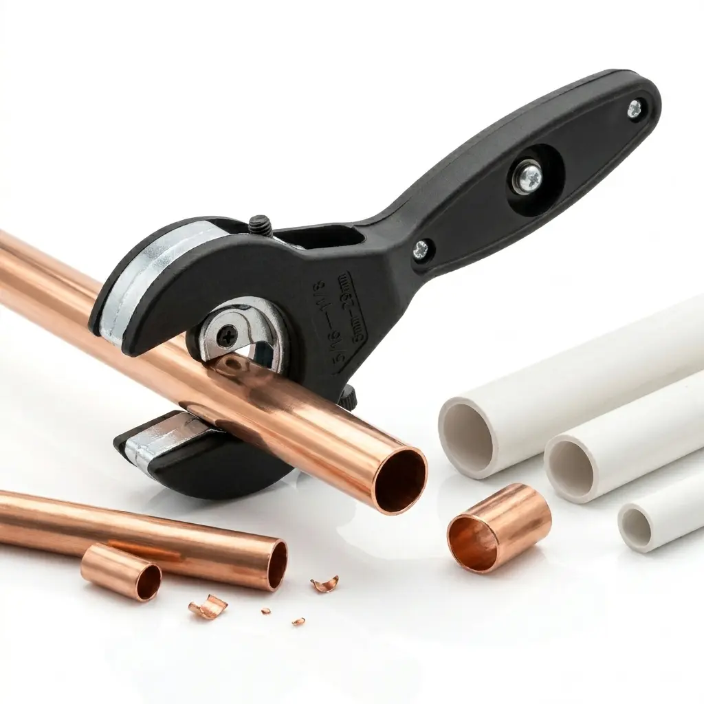 Ratcheting Pipe Cutter Tool - 5/16"-1 1/8" (8-29mm) Inches/mm Single Cutter, 1-Hand Operation, Spacesaving for Copper Aluminum PVC PEX Pipes in Tight Spaces, Plumbing HVAC DIY Projects