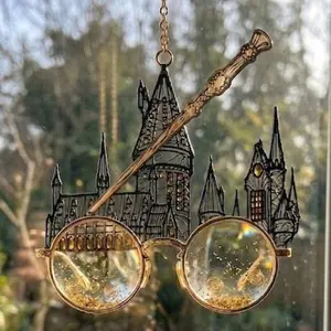 Enchanted Wizard Glasses Suncatcher – Magical School Castle & Spell Wand Design, Golden Light Prism Window Hanging, Fantasy-Inspired Gift for Wizard Lovers, Mystic Home Decor