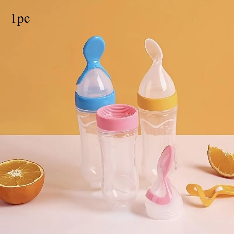 90ml/3oz Silicone Feeding Bottle With Spoon & Stand - Multifunctional Tableware For Food Dispensing & Feeding(1pcs） Baby Bottle Spoon Feeding Accessories