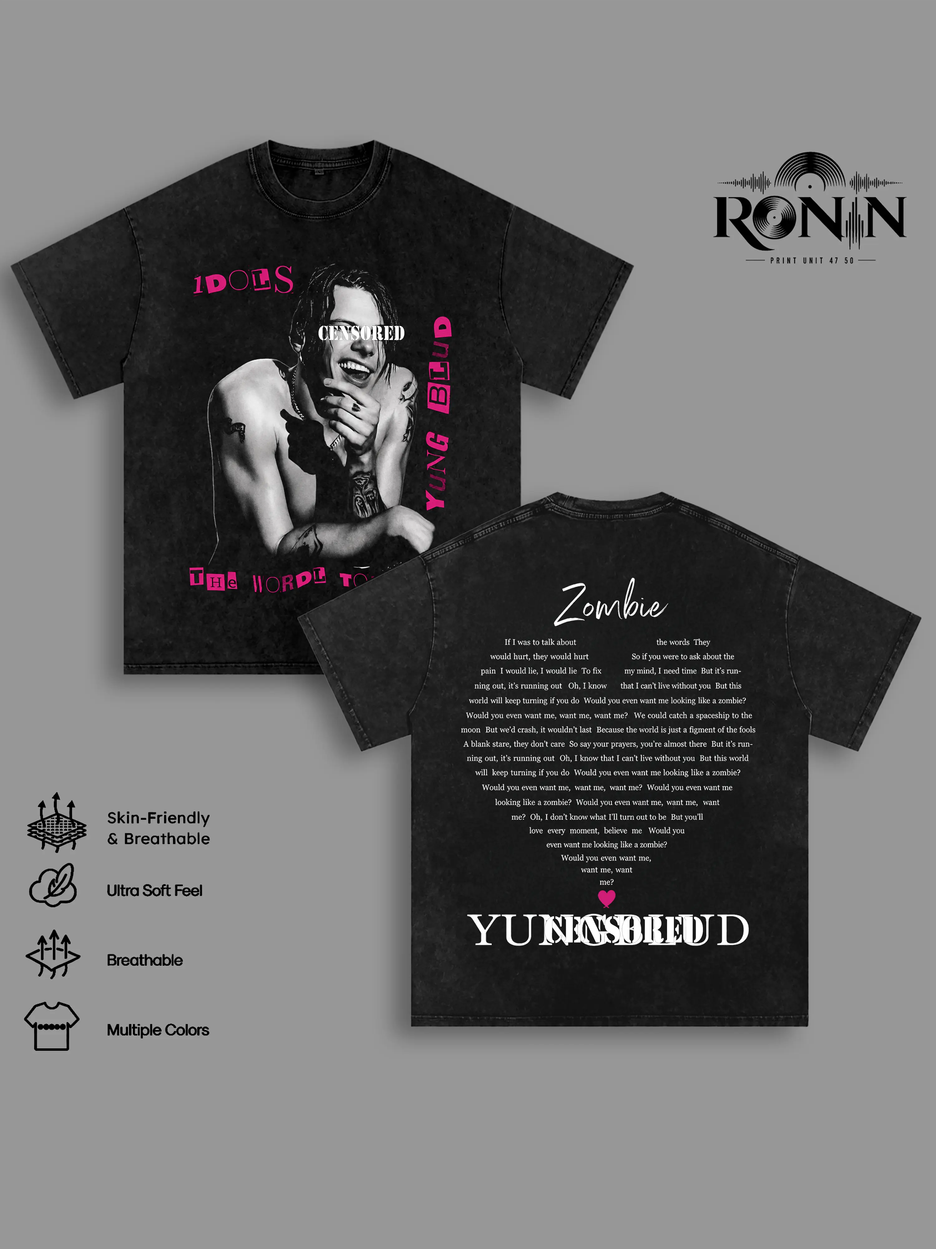 YUNGBLUD Zombie Tour 2026 Vintage Washed Graphic T Shirt, Double Sided Rock Band Tee, Oversized Heavyweight Cotton Alternative Punk Streetwear, Unisex Music Fan Shirt