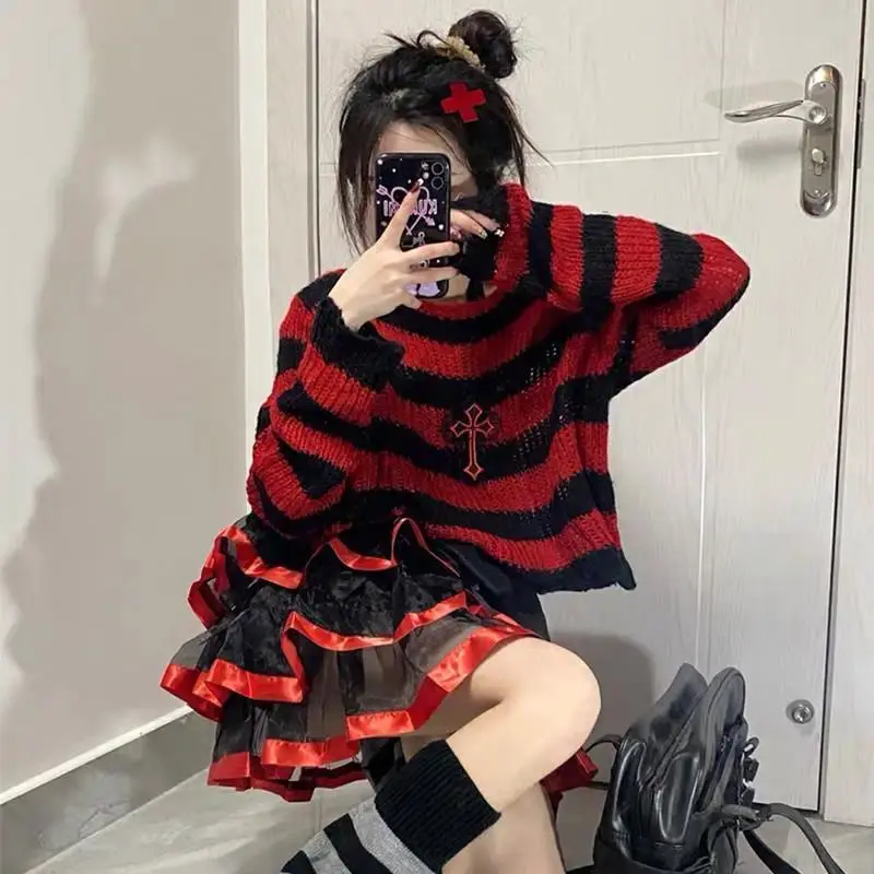 Women's Striped Knit Sweater, Gothic Grunge Long Sleeve Pullover with Distressed Ripped and Frayed Details, Emo Streetwear Top, Pu Leather, Full Sleeve