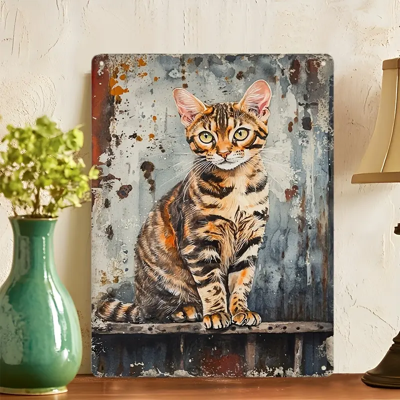 1pc 2D Plane Retro Artistic Watercolor Animal Print Bengal Cat Metal Wall Art - Rustproof, Wear-resistant Wrought Iron Decoration, Suitable for Home, Garage, Porch, Coffee Shop, Club - Indoor/Outdoor Use, Cat Decoration