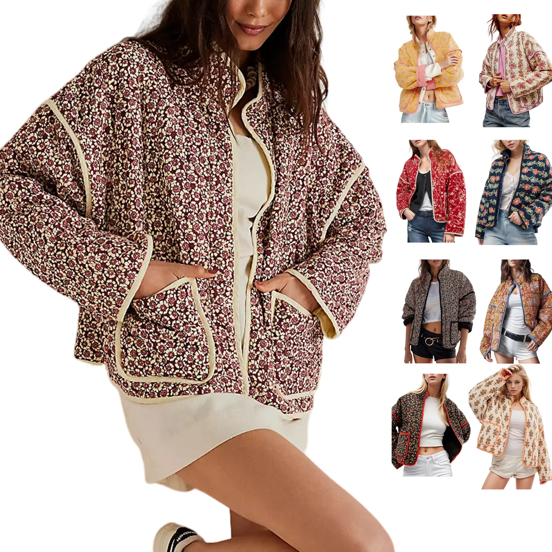 Women's Cropped Puffer Jacket Lightweight Floral Print Long Sleeve Padded Quilted Puffy Cardigan Coat