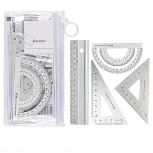 4pcs Architects Scale Ruler Set, Silver Metal, Technical Drawing Tools with Protractor, Triangular & Straightedge, Math Geometry for Students and Professionals