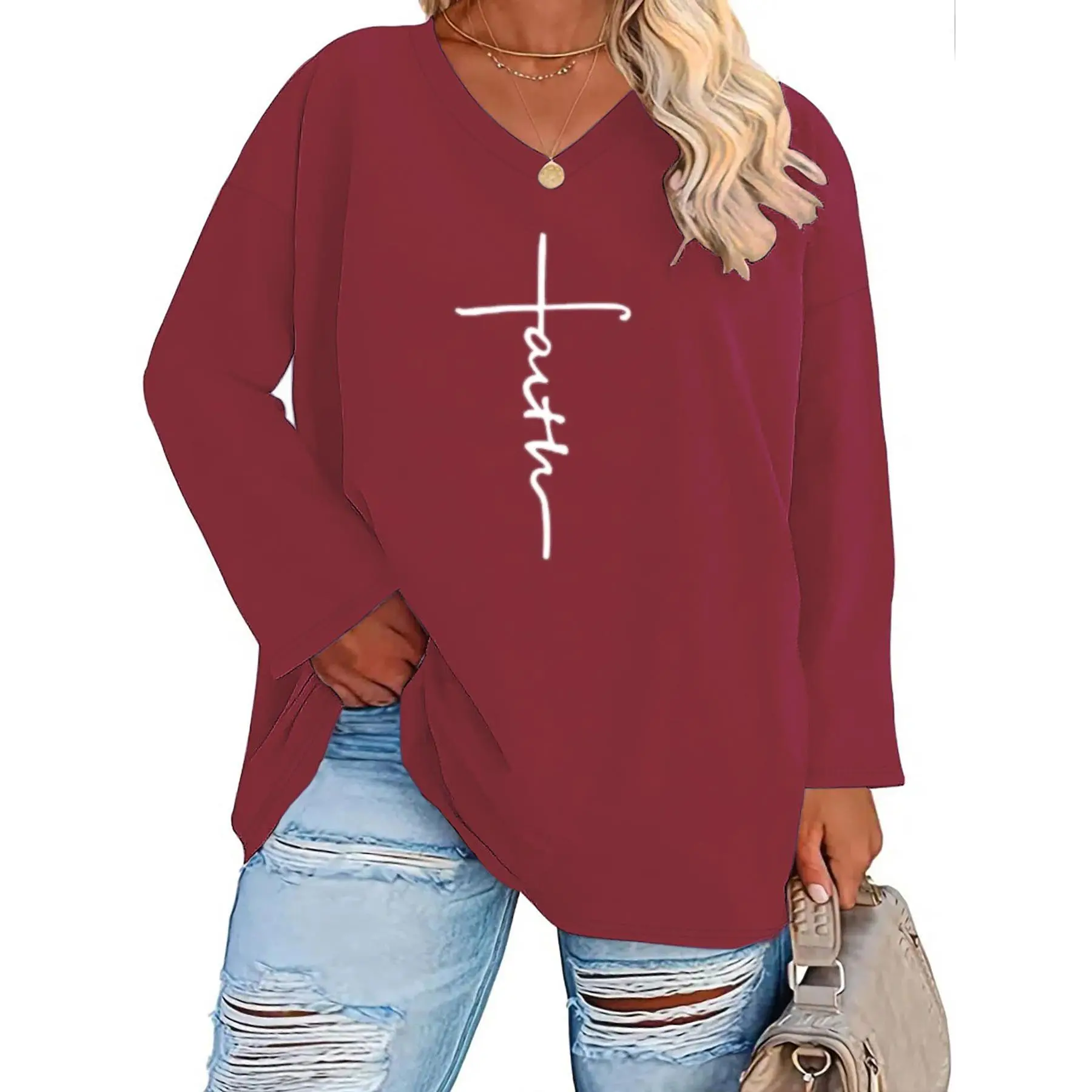 Renaishow Plus Size Women's Faith Graphic T-Shirt, Casual V-Neck Drop Shoulder Lightweight Soft Knit Statement Top, 1Xl, Cute, Machine Washable, Everyday, Fabric, Comfortable, Fit