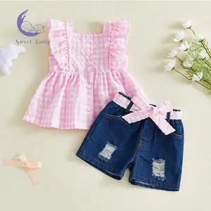 Little Girls 2 Piece Outfits Fashionable Plaid Sleeveless Square Neck Tops and Denim Shorts Set