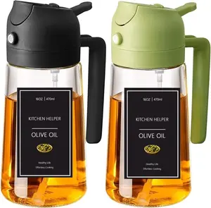 2Pack 16oz/470ml Newly Upgraded Food Grade Glass Olive Oil Sprayer-Dispenser, 2-in-1 Kitchen Utensils with Nozzle, Portion Control Spray Bottle with Stickers for Cooking, Salad