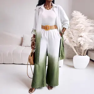 2025 Women'S 2 Pieces Outfit Ombre Print Long Sleeve Blouse and Casual High Waist Wide Leg Pants Set (Without Belt)