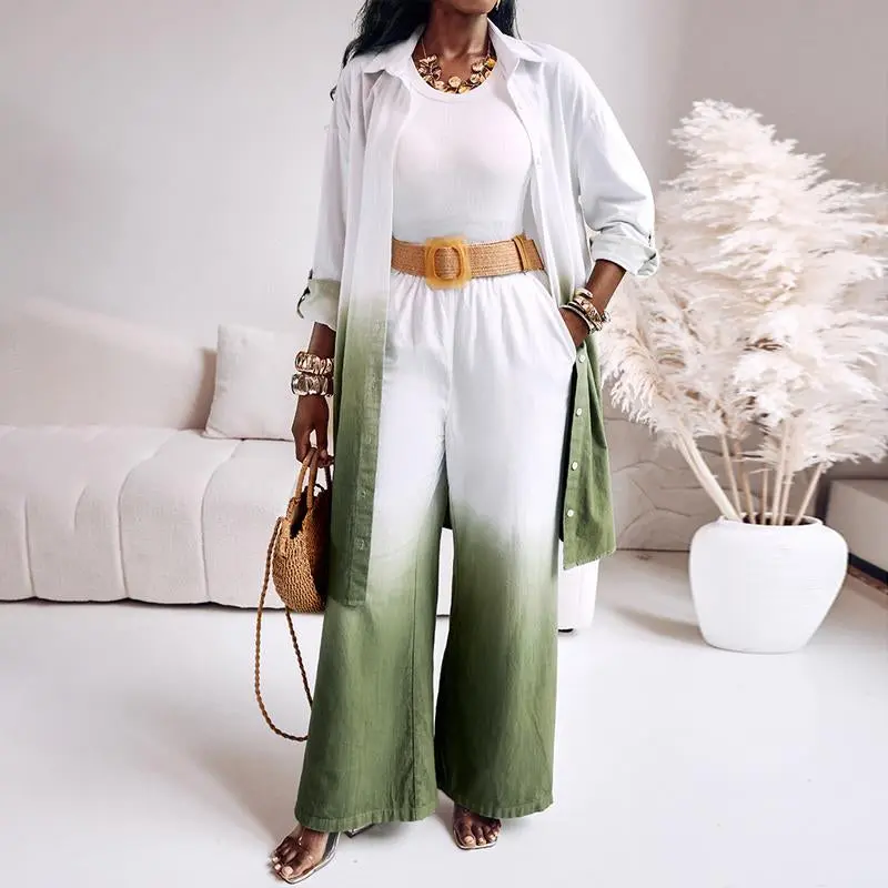 2025 Women'S 2 Pieces Outfit Ombre Print Long Sleeve Blouse and Casual High Waist Wide Leg Pants Set (Without Belt)