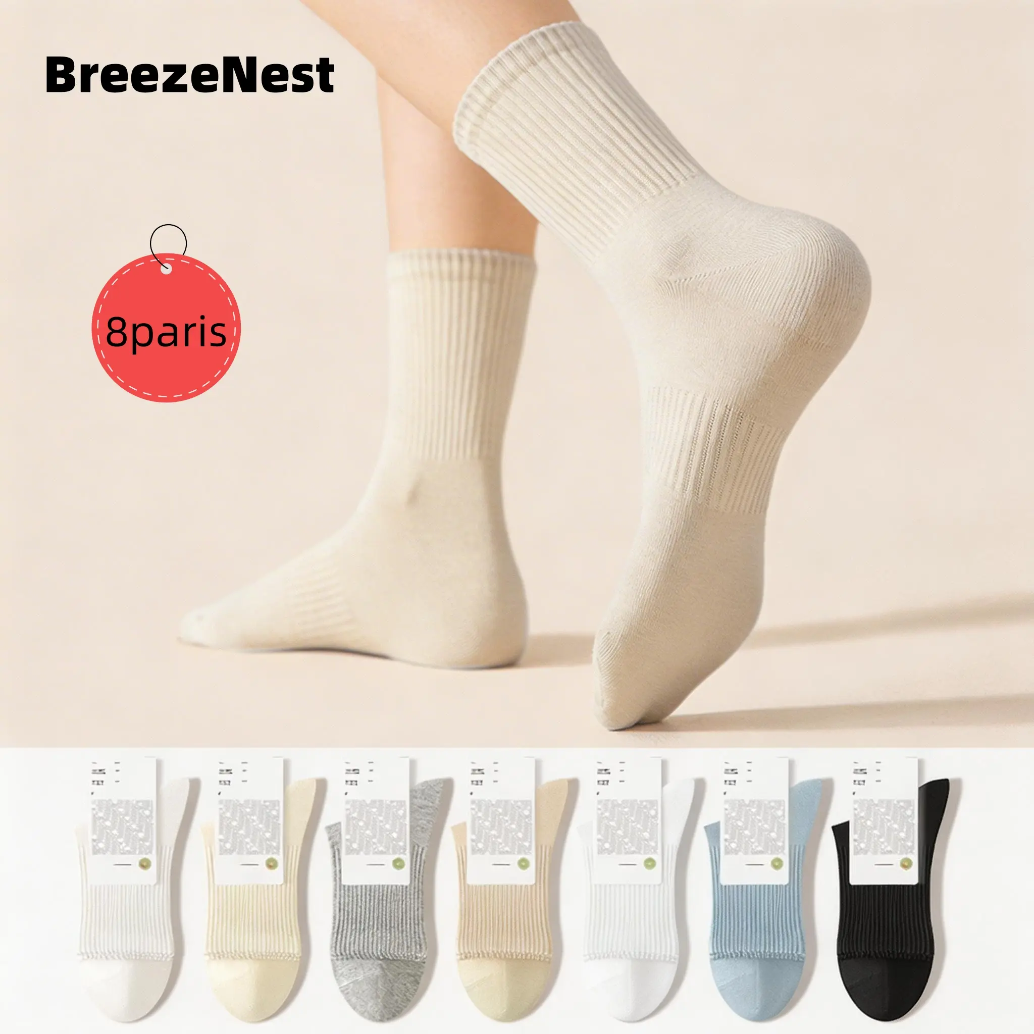 Women's 100% cotton Solid Mid-calf Socks,lightweight Breathable leisure Crew sock,Casual Soft Comfy Socks for Spring & Summer.(8pairs)
