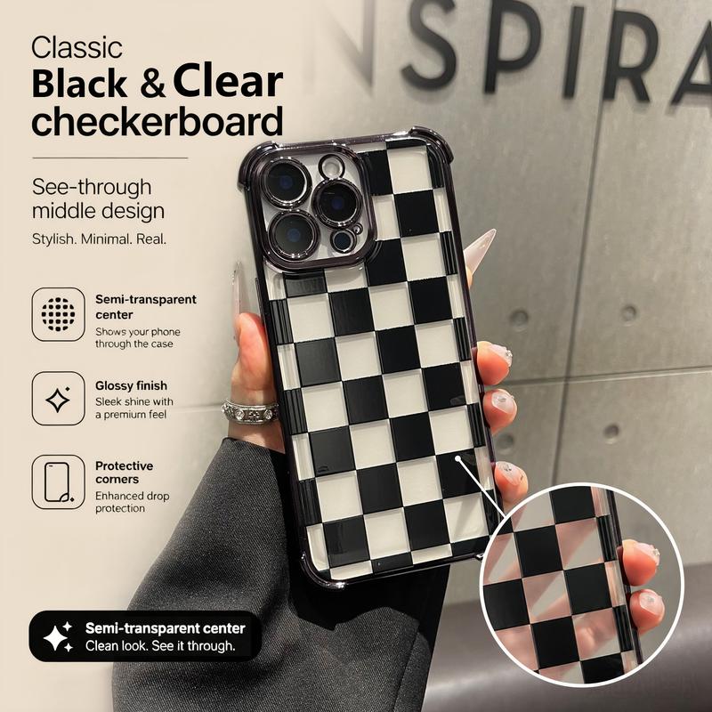 Black & Clear Checkerboard Four-Corner Drop-Proof TPU Phone Case for iPhone and Galaxy 18ProMax 17 Air 16Pro Max 15 14Plus 13, S26Ultra S25 S24 S23 Simple and stylish camera protection Shockproof Anti-Drop Protection Durable Phone Case.HY13