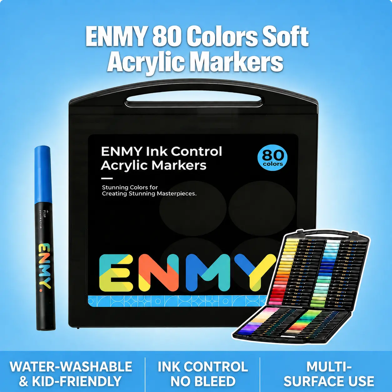 ENMY Acrylic Marker Set - 80 Vibrant Colors, Waterproof Quick-Dry Direct Liquid Ink Markers for Art Craft Supplies, Colorful DIY Art Design, Multipurpose Use (Wood, Canvas)