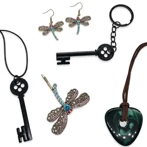Coraline Inspired Jewelry - Seeing Stone Necklace, Skeleton Key Necklace, Keychain, Dragonfly Pin & Earrings for Fans