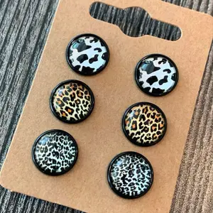 Women’s Leopard Animal Print Stud Earrings Set - 3 12mm Black Studs with Cabochon Designs in Cheetah Cow and Leopard print