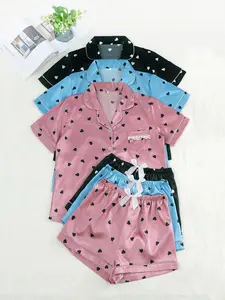 Women's Heart Print Contrast Binding Lapel Shirt & Elastic Waist Shorts Pyjama Set, Casual Comfy Short Sleeve Pocket Button Up Top & Shorts Pj Set, Ladies Soft Satin Sleepwear for All Seasons