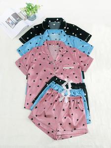 women's heart print contrast binding lapel shirt & elastic waist shorts pyjama set, casual comfy short sleeve pocket button up top & shorts pj set, ladies sleepwear for all seasons, pajamas