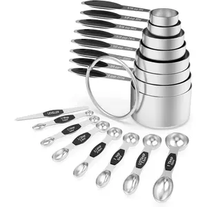 16 count Stainless Steel Measuring Cups Set, 8 Measuring Cups & 7 Double-Sided  Measuring Spoons Stackable & 1 Leveler (Black)