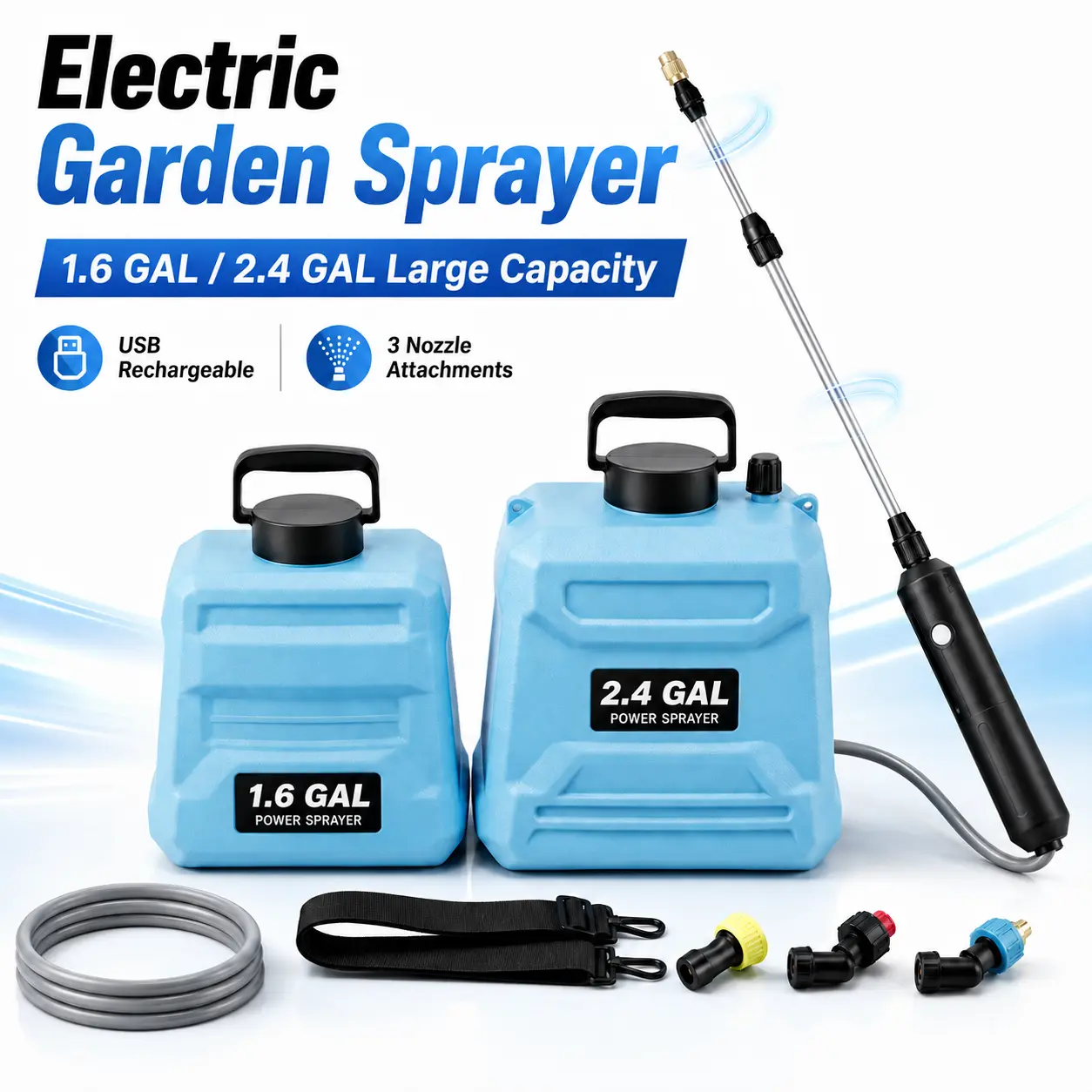 Battery-Powered Outdoor Garden Sprayer with Built-In Lithium Ion Cells, 1.6/2.4 Gal Electric Sprayer, USB-Powered Rechargeable Handle, 3 Spray Nozzles, Adjustable Wand, Shoulder Strap for Lawns, Plant Watering