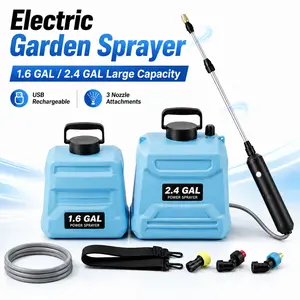 Battery-powered garden sprayer, 1.6/2.4 gallon electric sprayer with a USB rechargeable handle, three spray nozzles, an adjustable spray wand, and a shoulder strap, suitable for lawns, patios, and plant watering.