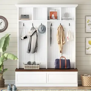 4-in-1 Farmhouse Hall Tree with 1-Seat Wood Grain Bench, Anti-Tip Mudroom Versatile Coat Rack with Curved Top, Large Hooks & 2 Large Drawers, Indoor Entrance Organizer for Hallway, Living Room, White, 55.9"W