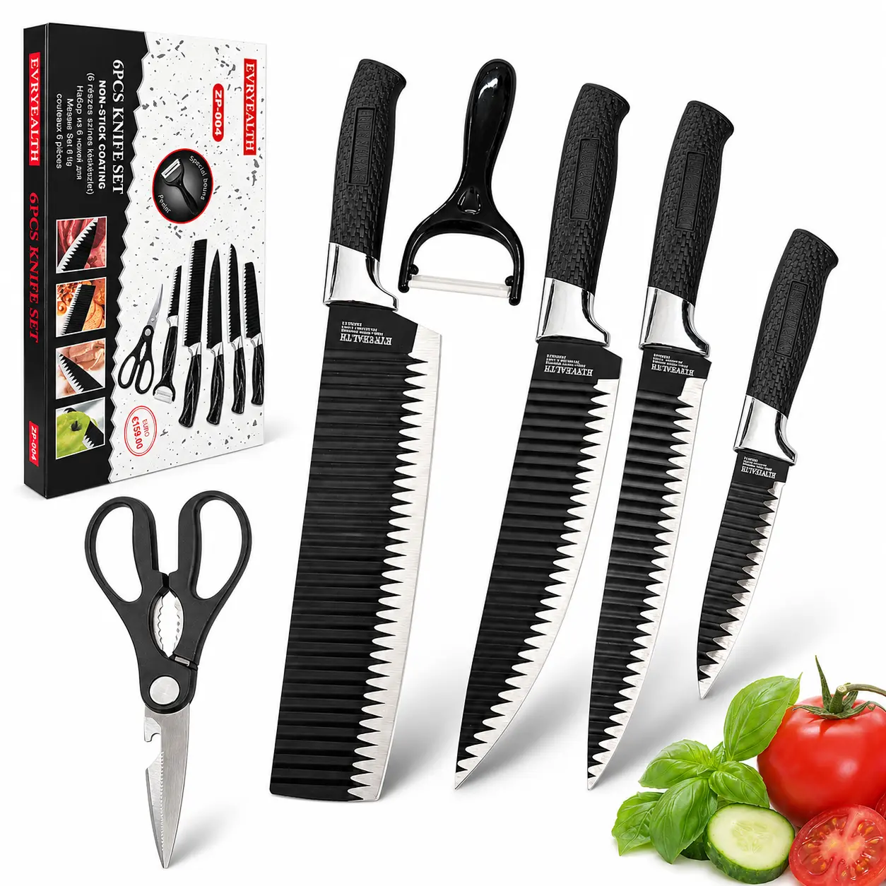 Wave Non-Stick Blade Cutlery Set with Textured Anti-Slip ABS Handles, Kitchen Scissors & Peeler for Household Food Preparation - Kitchen Accessories