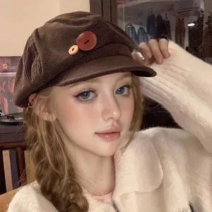 [Vintage Beret] Brown Vintage Japanese Style Octagonal Beret Hat |       with Button Flannel Face Painting Cap