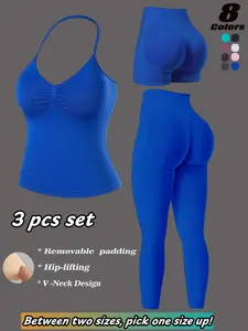 Women's New Seamless Halter Sports Bra Set, V-Neck Detachable Padded Backless Top, High Elasticity Workout Pants, Fashionable Slimming Gym