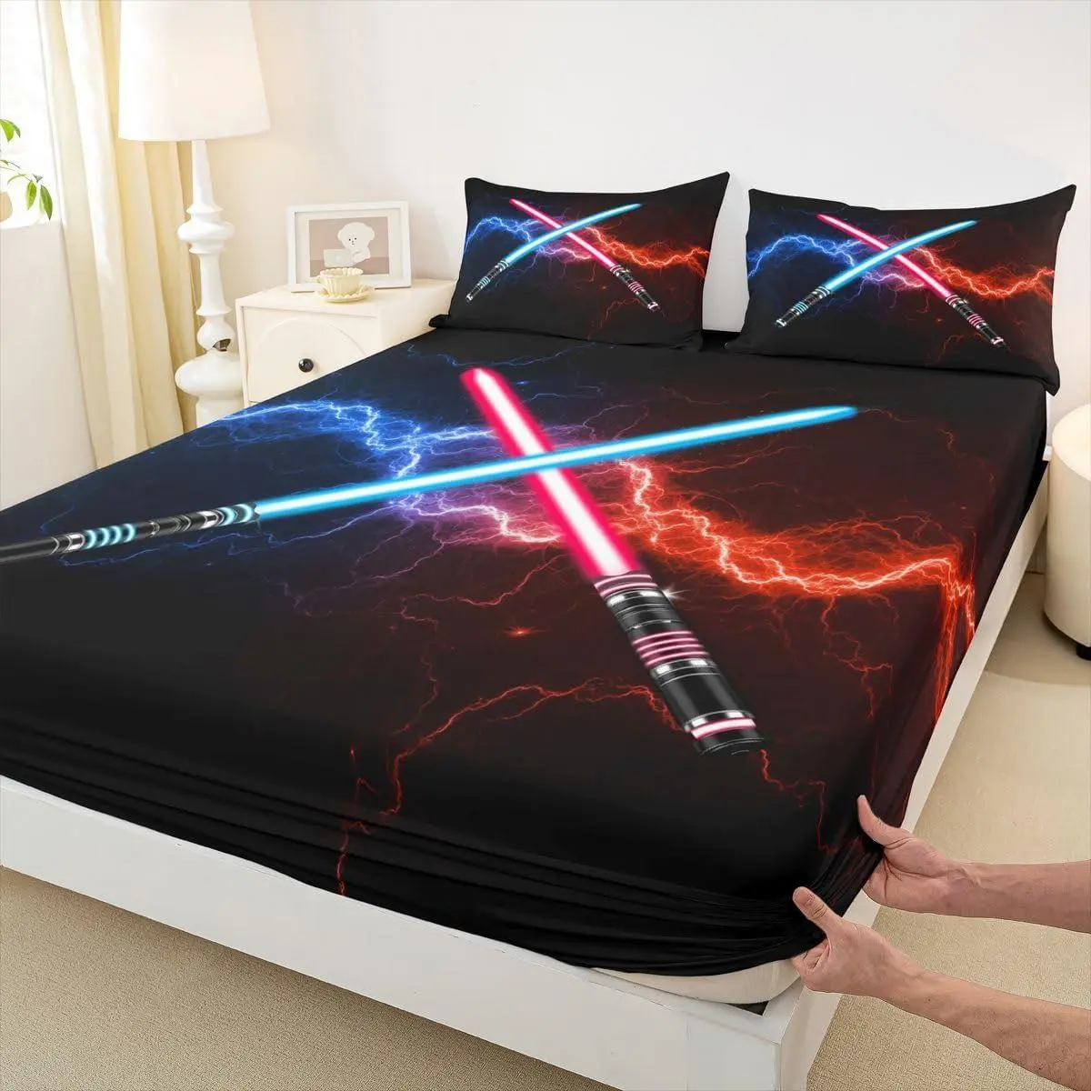 Red Blue Lightsaber Fitted Sheet,Neon Glowing Lightning Bedding Set,Fashion Games Bed Sheet for Kids Boys Girls Teens Room Decor,Modern Black Deep Pocket Sheet