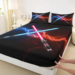 Red Blue Lightsaber Fitted Sheet,Neon Glowing Lightning Bedding Set,Fashion Games Bed Sheet for Kids Boys Girls Teens Room Decor,Modern Black Deep Pocket Sheet
