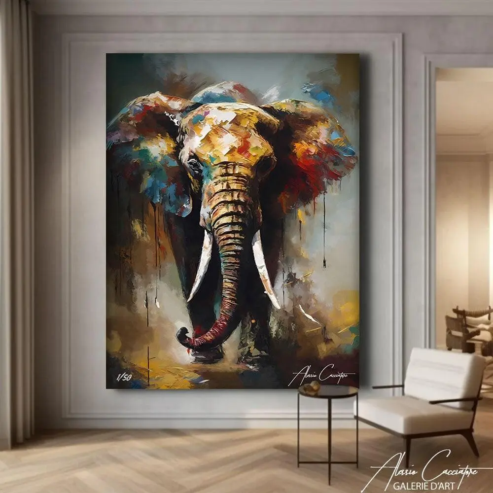 Elephant Wall Decor Over The Bed, Extra Large Wall Art Abstract, Colorful Elephant Painting, Abstract Animal Painting, Oversized