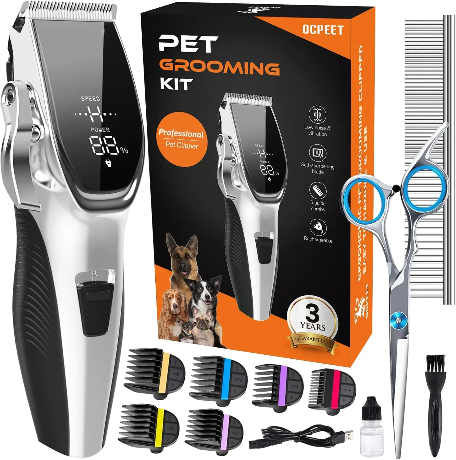 Cordless Low-Noise 4-in-1 Dog Grooming Clippers Kit - Rechargeable Pet Hair Trimmer with 2 Speeds, 6 Guards, Scissors, Comb for Small/Medium/Large Dogs & Cats with Thick Hair (Silver)