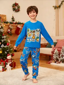 Long Sleeve Pajama Set, Brainrot Cartoon Pattern,  Tung Tung Tung Sahur Fitted Design, All-Season Wear, Christmas Gift Sleepwear, Home Leisure